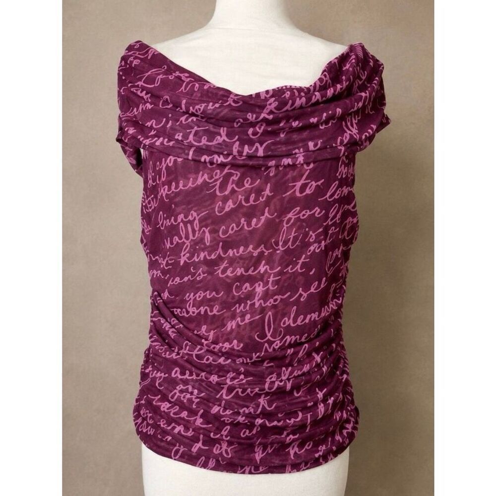 Maeve Sz M Off-The-Shoulder Ruched Mesh Script Top Burgundy Pink Anthropologie